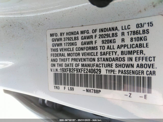 2015 HONDA CIVIC SEDAN EX-L VIN: 19XFB2F9XFE240629