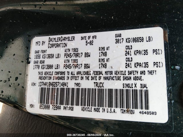 2002 DODGE RAM 1500 VIN: 1D7HA18N62S714041