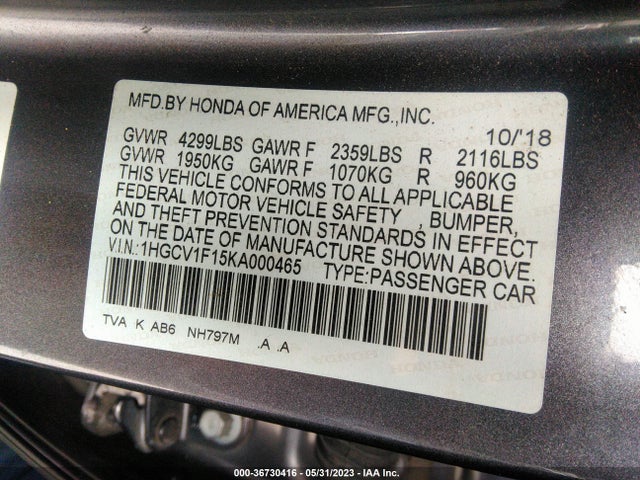 2019 HONDA ACCORD SEDAN LX 1.5T VIN: 1HGCV1F15KA000465