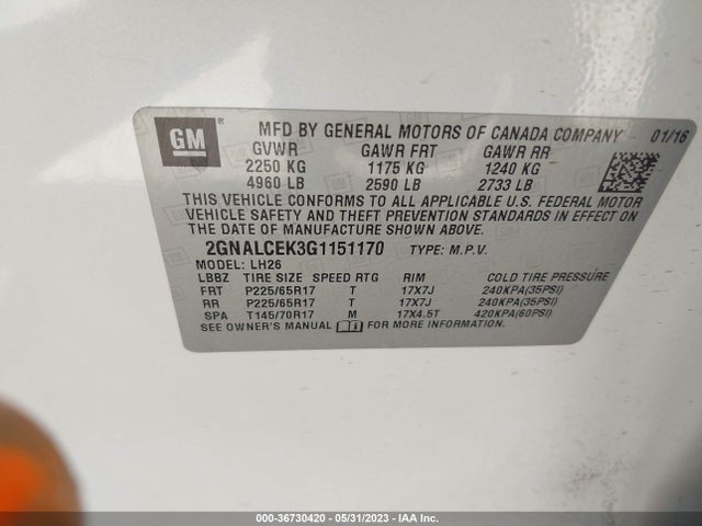 Chevrolet EQUINOX LT 2016 2GNALCEK3G1151170 Image 10