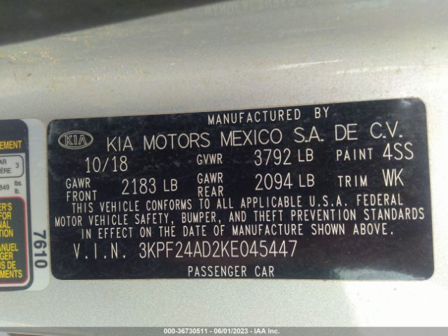 3KPF24AD2KE045447 KIA Forte Lxs