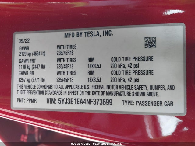 Tesla MODEL 3 2022 5YJ3E1EA4NF373699 Image 9