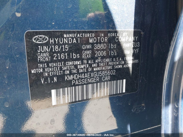 2016 HYUNDAI ELANTRA SE VIN: KMHDH4AEXGU585602