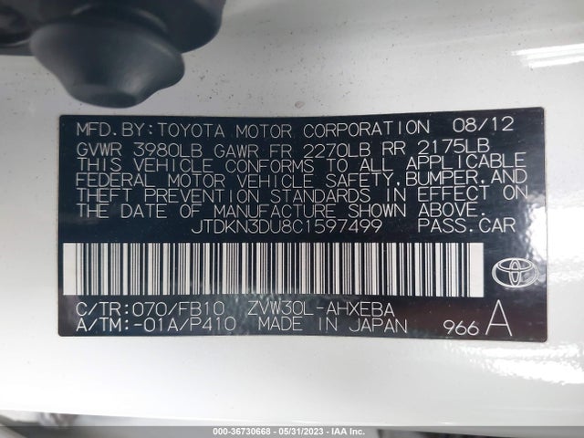 Aukcja sprzedaży 2012 Toyota Prius One/two/three/four/five, vin: JTDKN3DU8C1597499, numer aukcji: 36730668