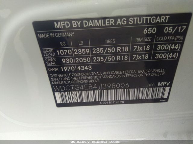 WDCTG4EB4JJ398006 Mercedes-Benz Gla Gla 250