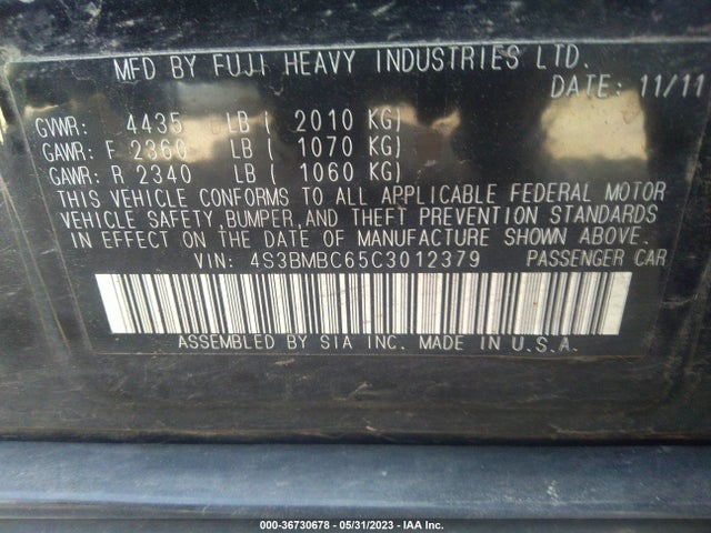2012 SUBARU LEGACY 2.5I PREMIUM VIN: 4S3BMBC65C3012379