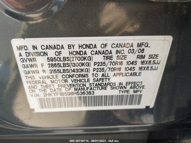 2006 HONDA PILOT EX-L VIN: 2HKYF18596H536383