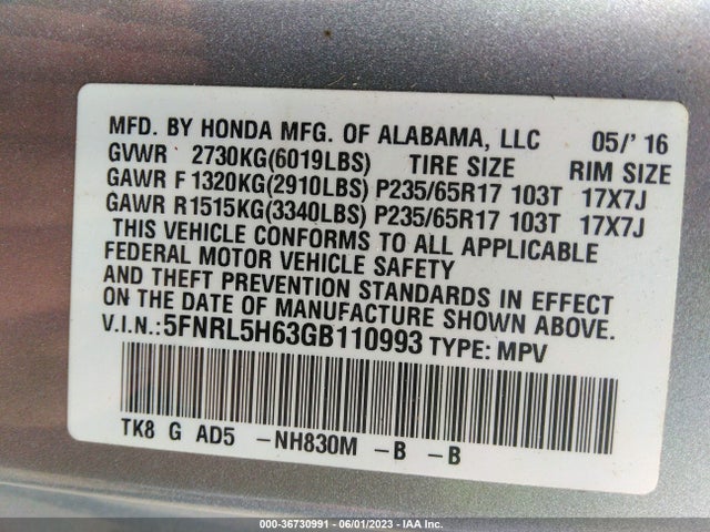 Honda Odyssey Ex-l 2016 5FNRL5H63GB110993 Image 9