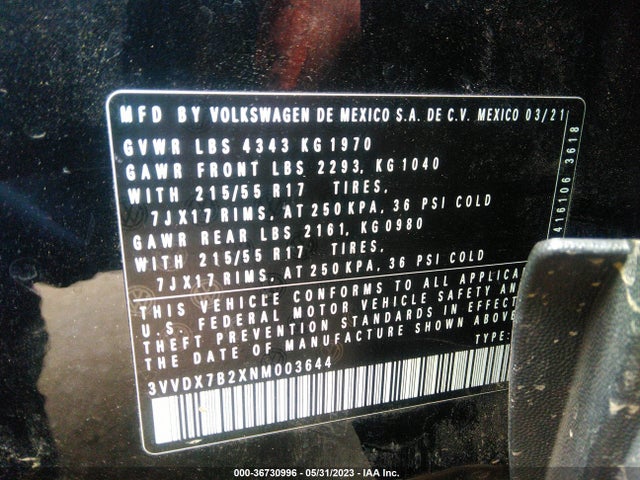 3VVDX7B2XNM003644 Volkswagen TAOS S