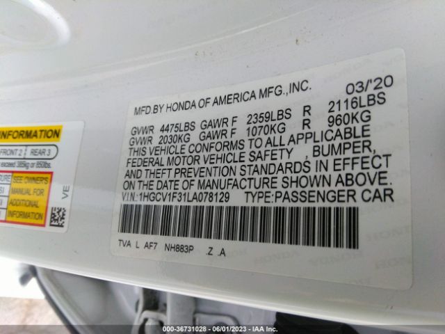 Honda Accord Sedan Sport 2020 1HGCV1F31LA078129 Image 10
