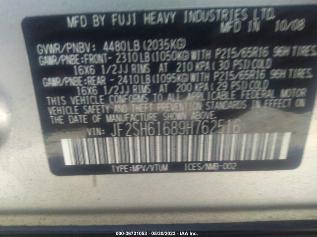 2009 SUBARU FORESTER X VIN: JF2SH61689H762516