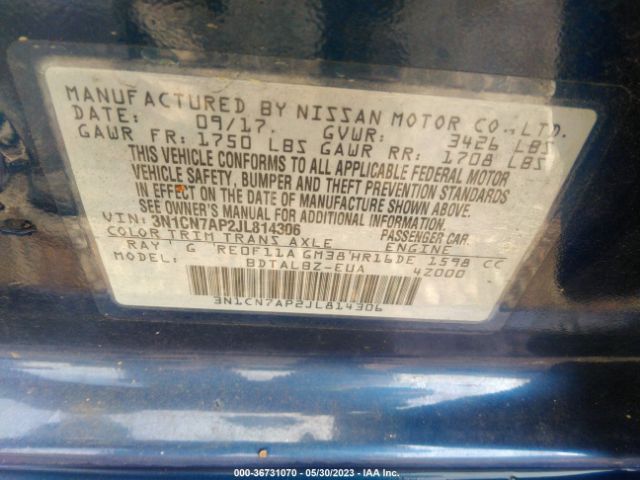 3N1CN7AP2JL814306 Nissan Versa Sedan Sv