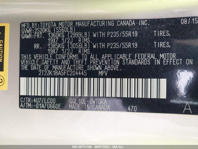 2T2ZK1BA5FC204445 Lexus RX 350