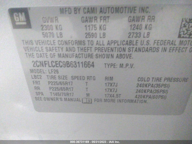 2011 CHEVROLET EQUINOX LS VIN: 2CNFLCEC9B6311664