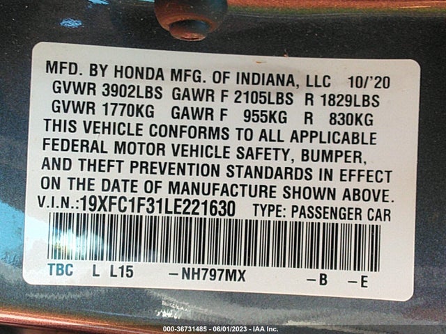 2020 HONDA CIVIC SEDAN EX VIN: 19XFC1F31LE221630