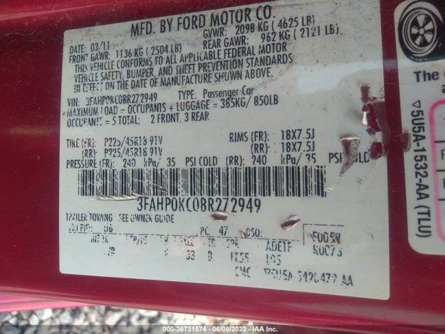 2011 FORD FUSION SPORT VIN: 3FAHP0KC0BR272949
