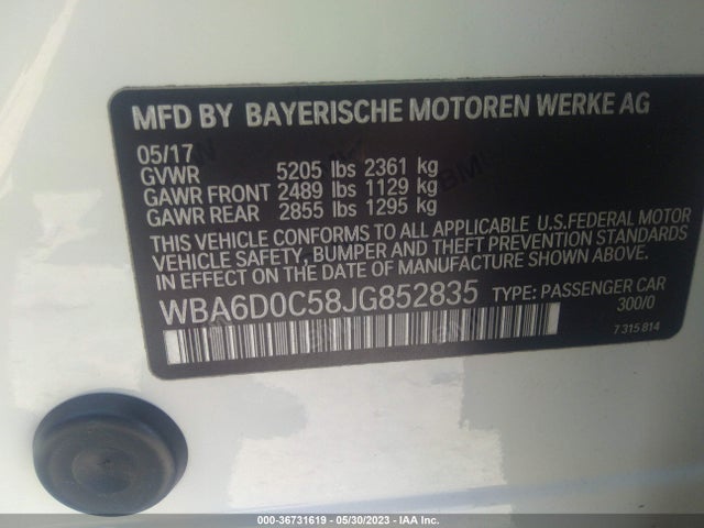 2018 BMW 6 Series, VIN: WBA6D0C58JG852835