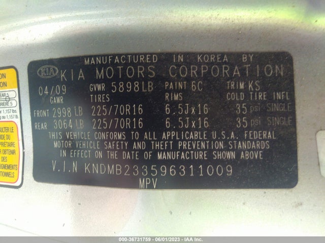 2009 KIA SEDONA LX VIN: KNDMB233596311009