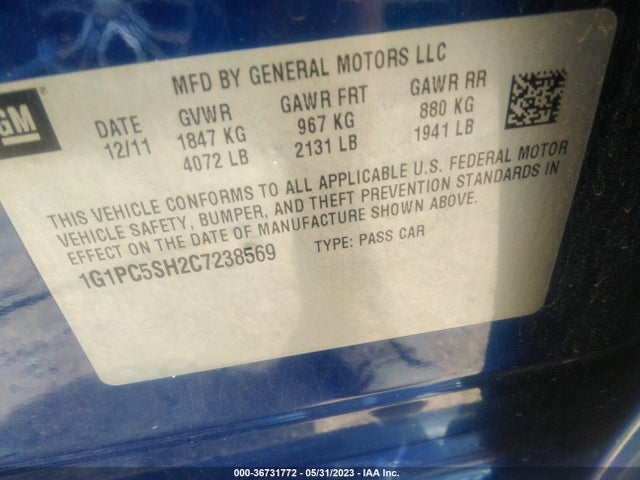 2012 CHEVROLET CRUZE LS VIN: 1G1PC5SH2C7238569
