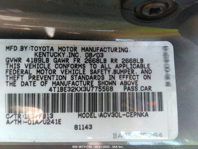 2003 TOYOTA CAMRY LE/SE/XLE VIN: 4T1BE32KX3U775568