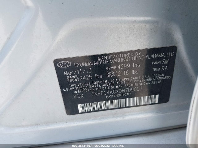 2013 HYUNDAI SONATA LIMITED VIN: 5NPEC4ACXDH709007