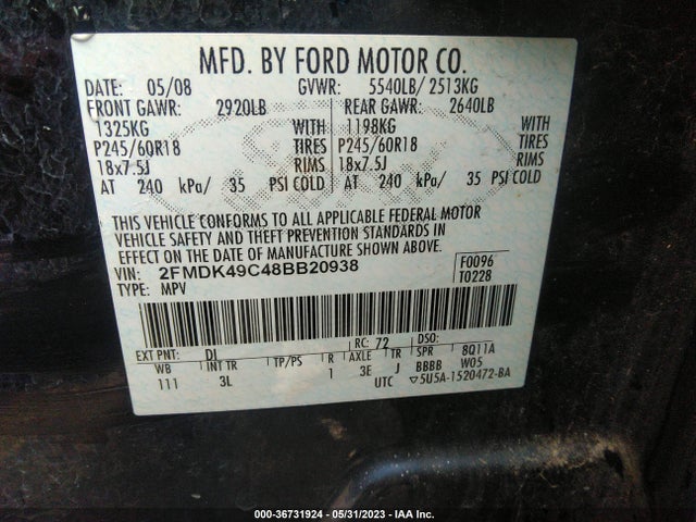 2008 FORD EDGE LIMITED VIN: 2FMDK49C48BB20938