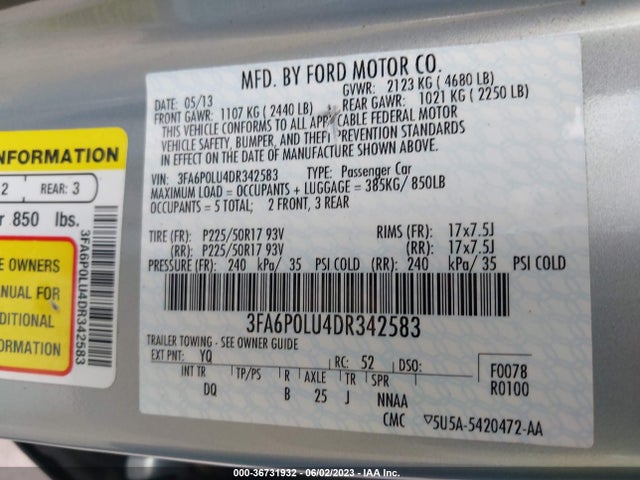 2013 FORD FUSION SE HYBRID VIN: 3FA6P0LU4DR342583