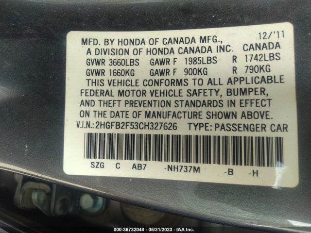 2012 HONDA CIVIC SDN LX VIN: 2HGFB2F53CH327626