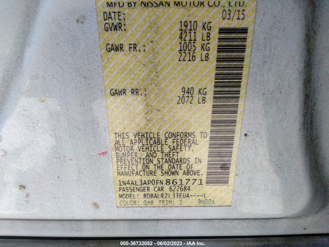 2015 NISSAN ALTIMA 2.5 SL VIN: 1N4AL3AP0FN861771
