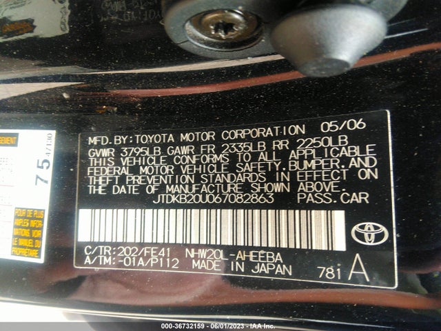 2006 TOYOTA PRIUS VIN: JTDKB20U067082863
