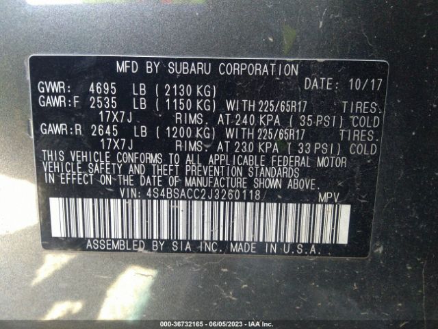 4S4BSACC2J3260118 Subaru Outback Premium