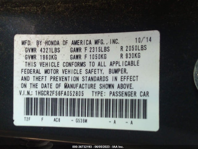 2015 HONDA ACCORD SEDAN SPORT VIN: 1HGCR2F56FA052805