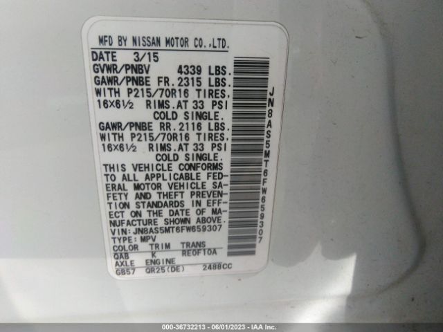 JN8AS5MT6FW659307 Nissan Rogue Select S