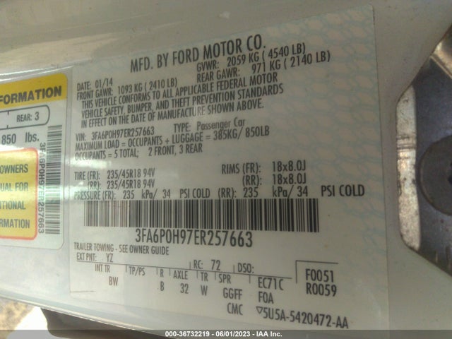 2014 FORD FUSION SE VIN: 3FA6P0H97ER257663