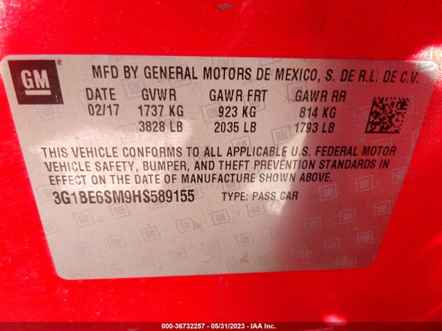 2017 CHEVROLET CRUZE LT VIN: 3G1BE6SM9HS589155