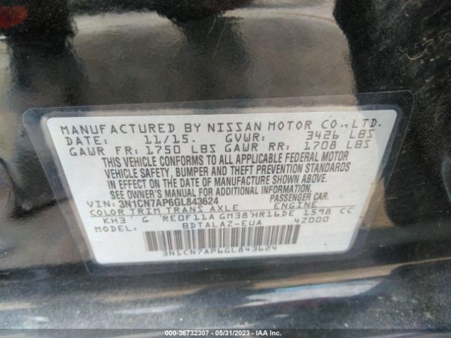 3N1CN7AP6GL843624 Nissan Versa S Plus