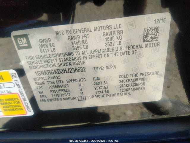Chevrolet Traverse 1lt 2017 1GNKRGKD3HJ236632 Image 9
