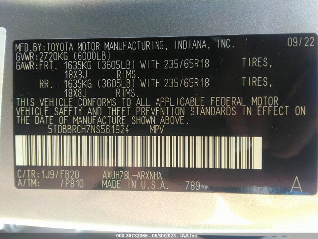Toyota Highlander Hybrid Le 2022 5TDBBRCH7NS561924 Image 9