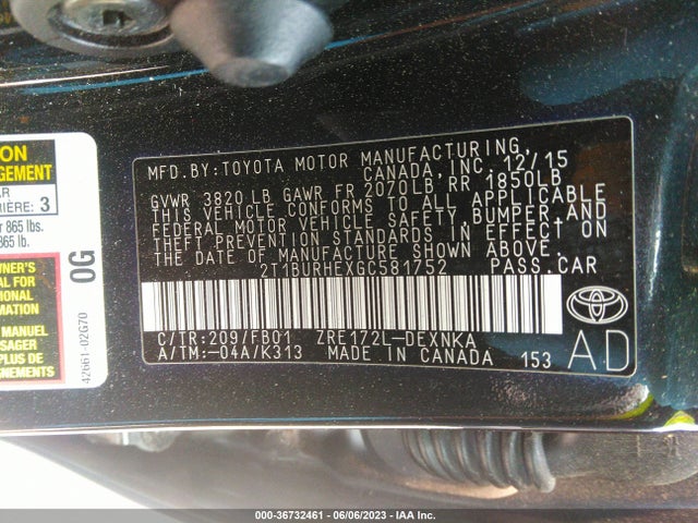 2016 TOYOTA COROLLA L/LE/S/S PLUS/LE PLUS VIN: 2T1BURHEXGC581752