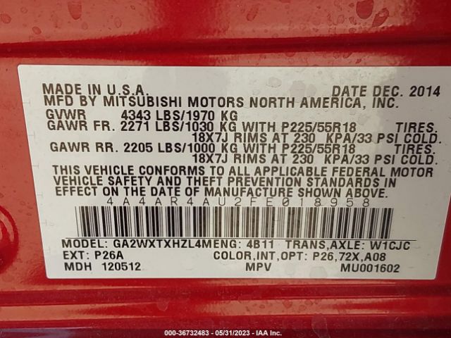 Mitsubishi Outlander Sport Se 2015 4A4AR4AU2FE018958 Image 9