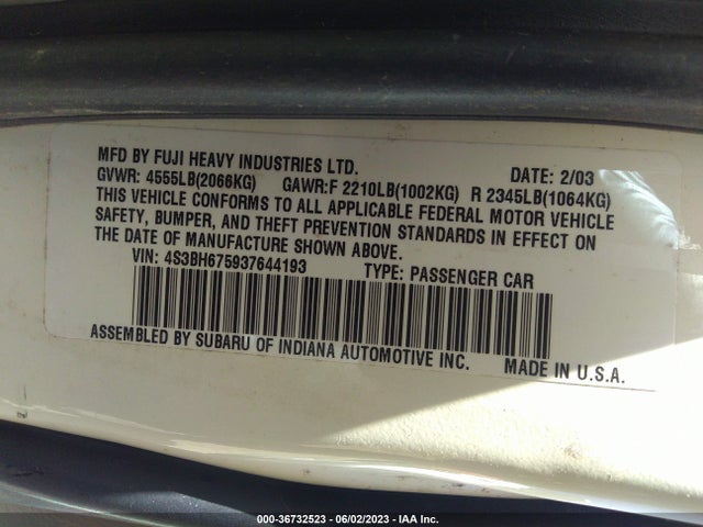 2003 SUBARU LEGACY WAGON OUTBACK VIN: 4S3BH675937644193