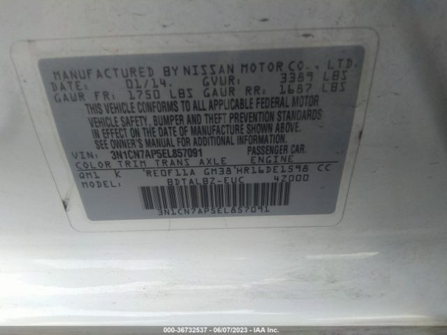 3N1CN7AP5EL857091 Nissan VERSA SV