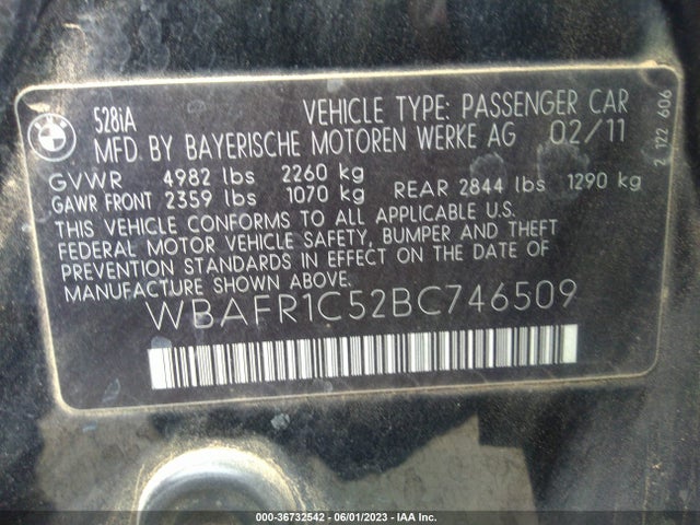 2011 BMW 5 SERIES 528I VIN: WBAFR1C52BC746509