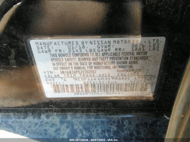 2018 NISSAN SENTRA SV VIN: 3N1AB7AP6JY260657