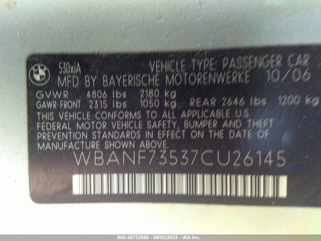 2007 BMW 5 SERIES 530XI VIN: WBANF73537CU26145