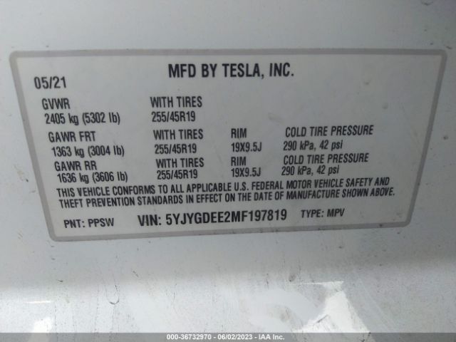 5YJYGDEE2MF197819 Tesla Model Y Long Range
