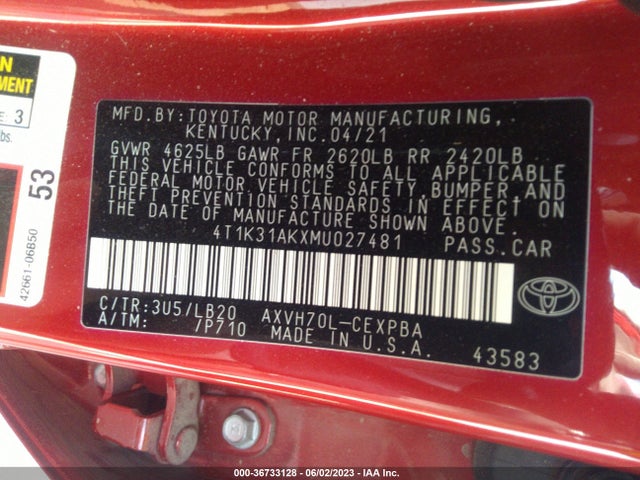 2021 TOYOTA CAMRY HYBRID XSE VIN: 4T1K31AKXMU027481