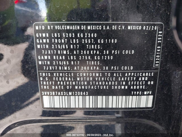 3VV3B7AX3LM120843 Volkswagen Tiguan Se/sel/se R-line Black