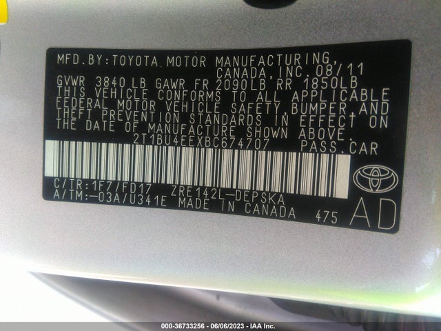2011 TOYOTA COROLLA S VIN: 2T1BU4EEXBC674707