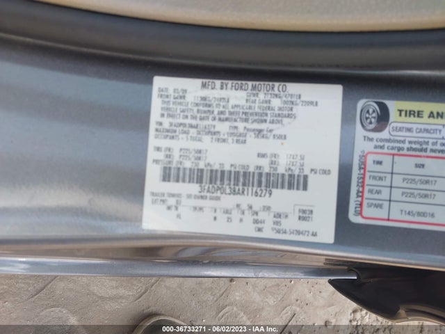 2010 FORD FUSION HYBRID VIN: 3FADP0L38AR116279